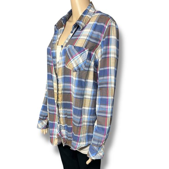 Bit & Bridle Womens Plaid Button Down Shirt Top Long Sleeve Blue Brown Large - Picture 6 of 9